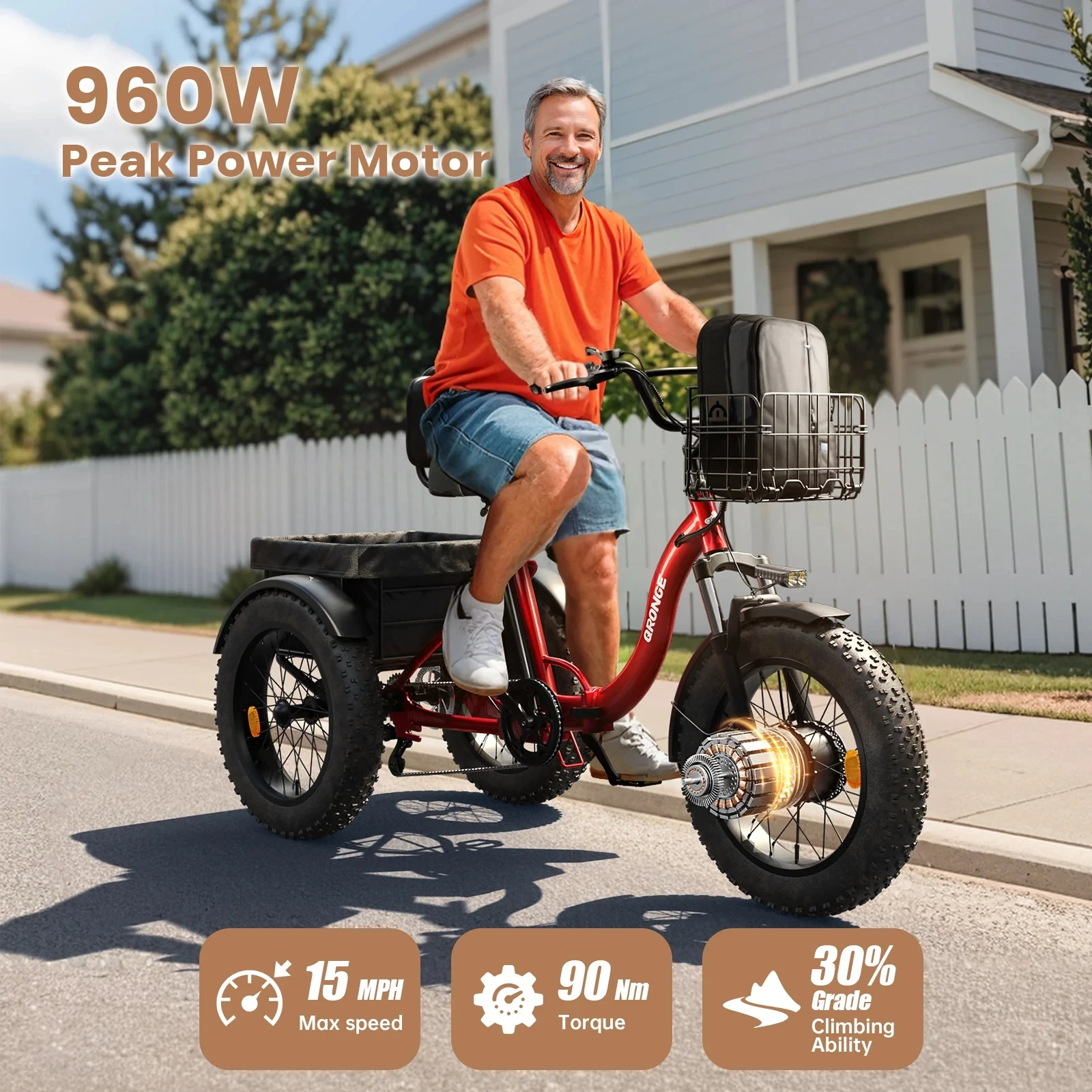 QRONGE 960W Folding Electric Trike, 36V 13.5Ah - Image 2