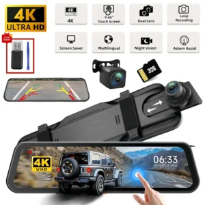 9.66" 4K Dual Lens Mirror Dash Cam IPS Touch Screen