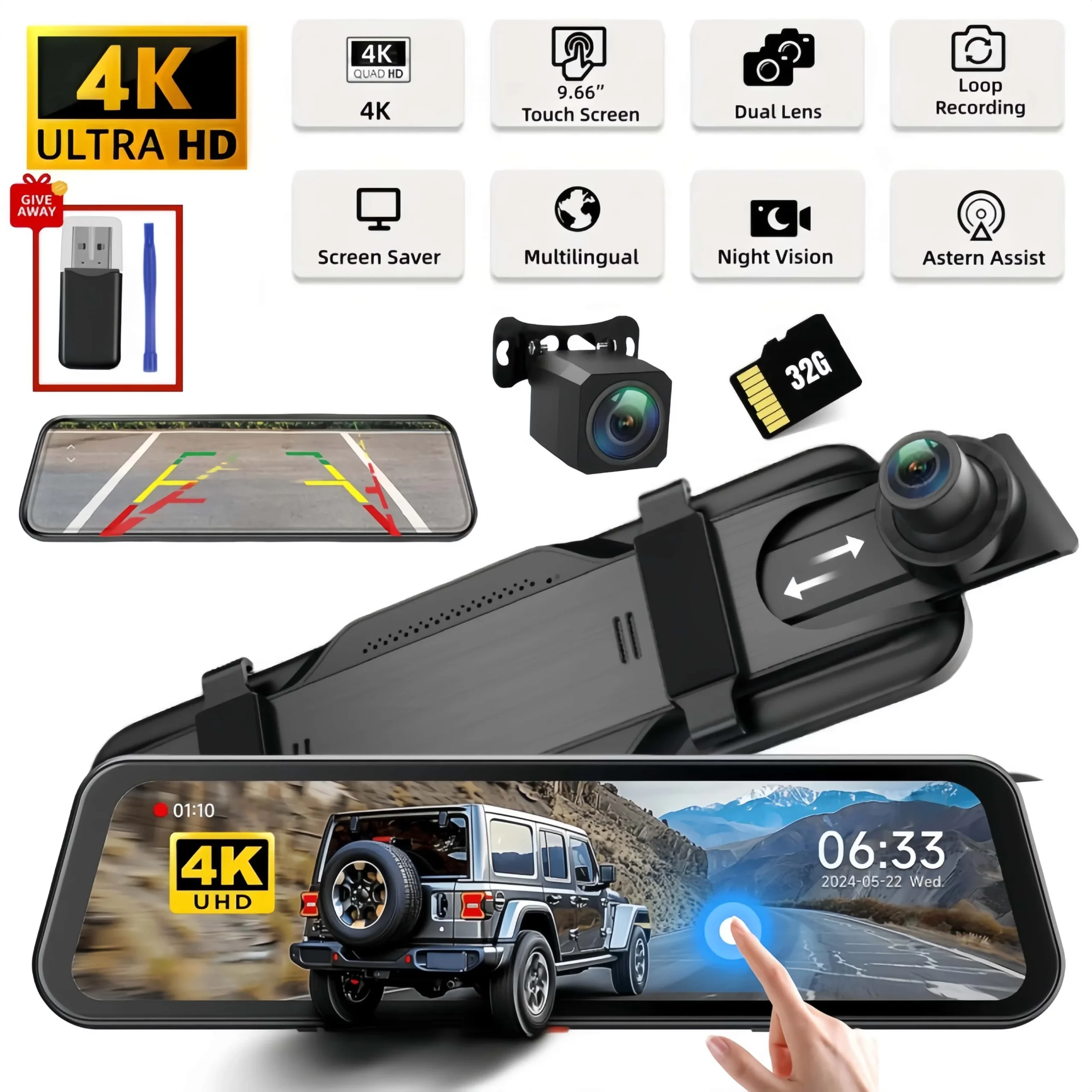 9.66" 4K Dual Lens Mirror Dash Cam IPS Touch Screen - Image 1