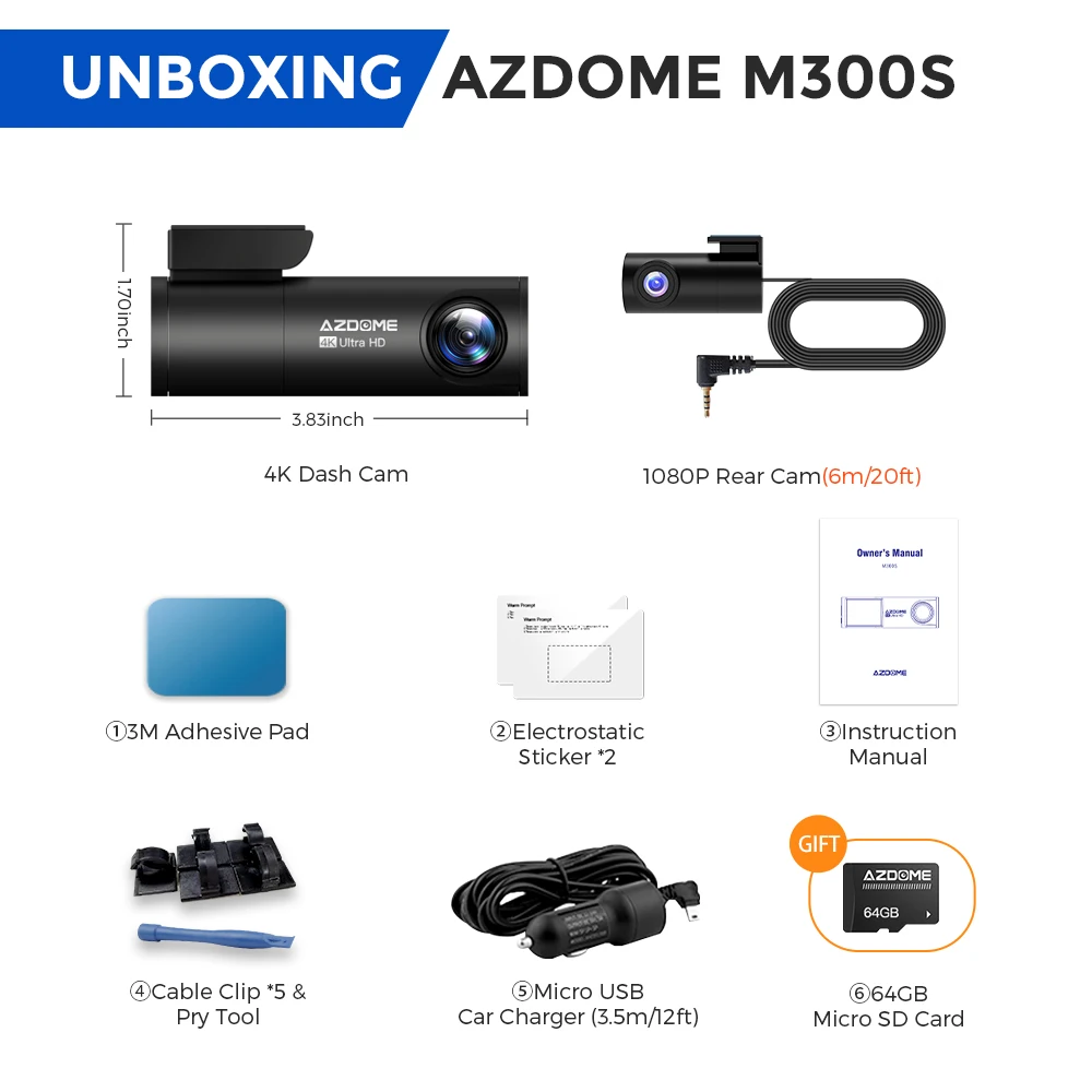 AZDOME M300S 4K Front Rear Dash Cam WiFi GPS - Image 7