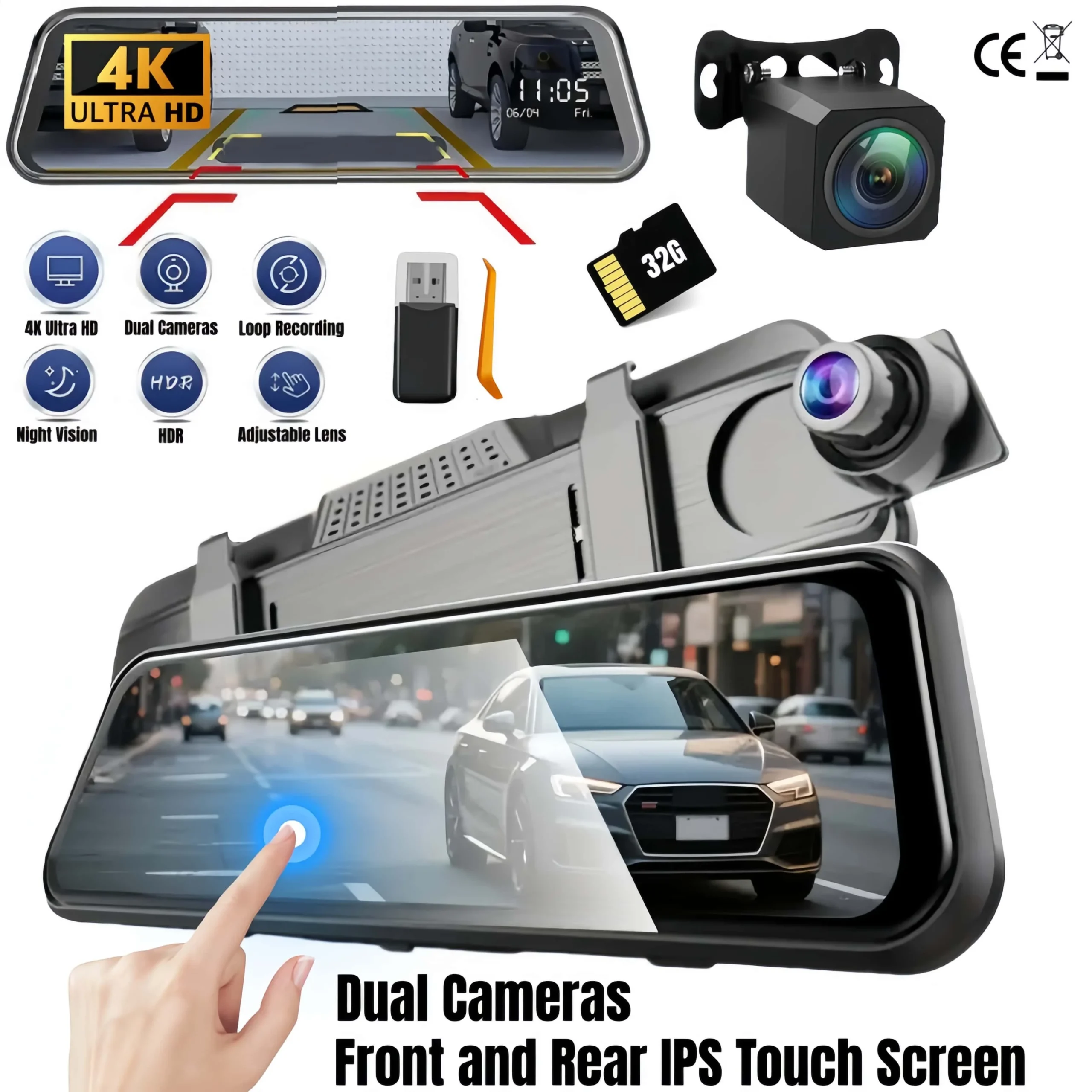 9.66" 4K Dual Lens Mirror Dash Cam - Image 1