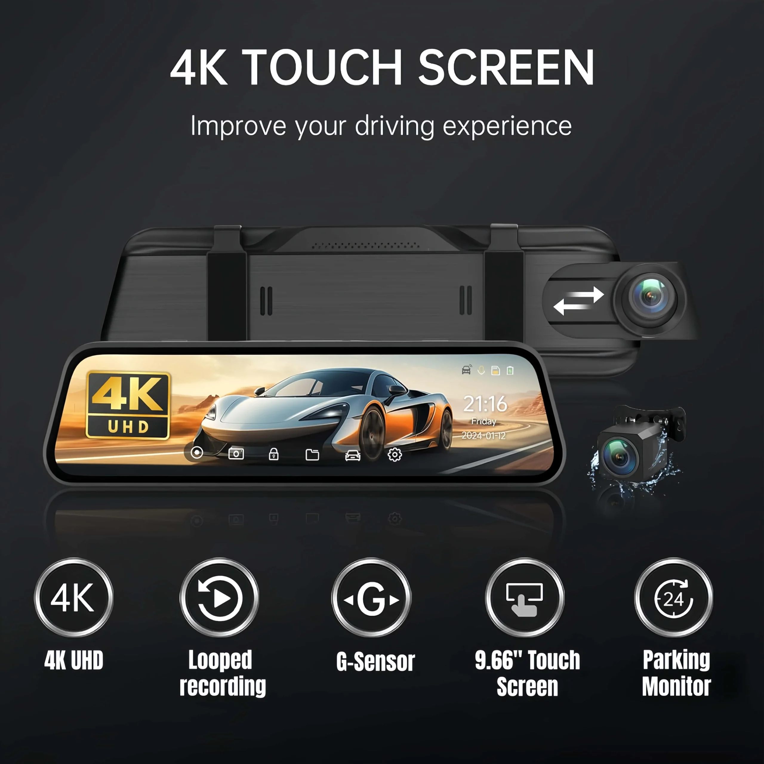9.66" 4K Dual Lens Mirror Dash Cam - Image 2