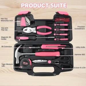 39-Piece Pink Household Tool Kit with Toolbox - Thumbnail Image 2